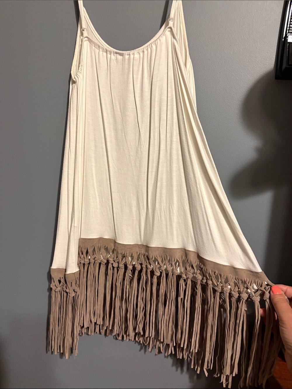 Boho Cream Fringe tank top with Tan Fringe Hem - Picture 3 of 3